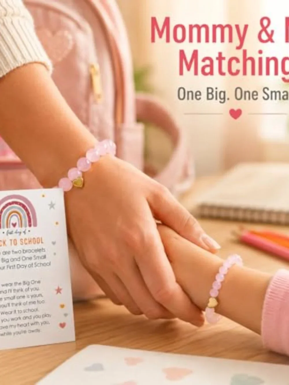 Mommy and Me Elastic Stretch Bracelet Set Glass Beads Heart Charm Back to School